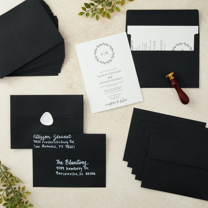 Black 5x7 Envelopes 50-Pack - Matte Water-Activated Seal for Invitations & Cards