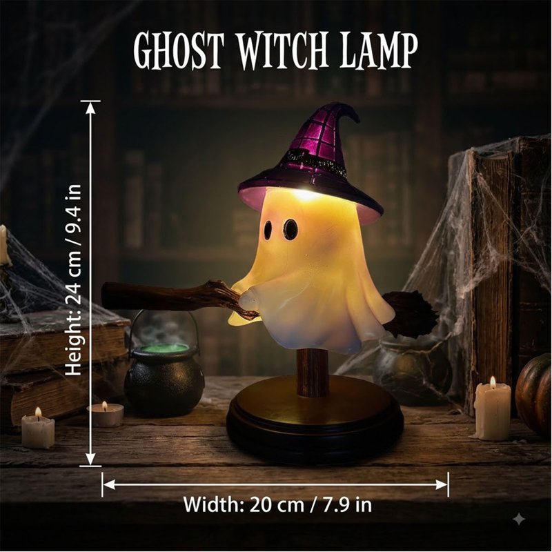 Halloween Ghost on Broomstick Night Light - Gothic Stained Glass LED Table Lamp for Bedroom & Decor
