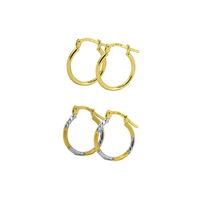 14K Gold Plated Sterling Silver Hoop Earrings Set - 2 Pairs, Diamond Cut, Hypoallergenic