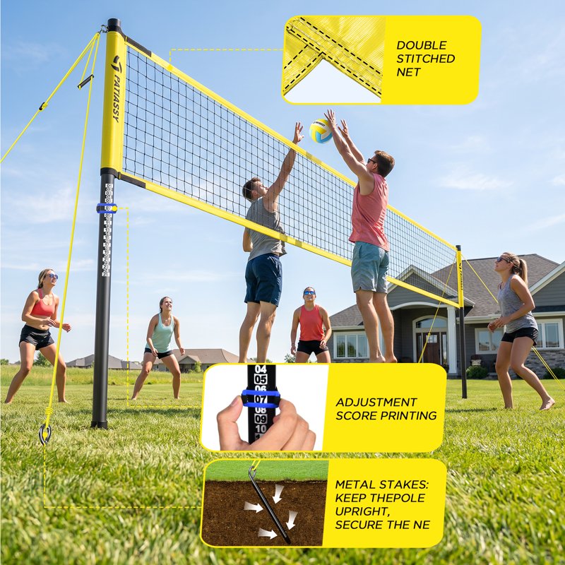 Outdoor Volleyball Net Set 32FT with Adjustable Height Steel Poles Carry Bag