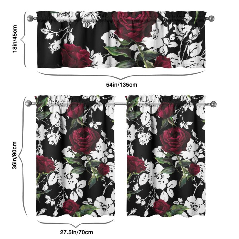 Kitchen Curtain and Valance Set 36 Inch Tier Bloom Red White Rose 3 Pieces