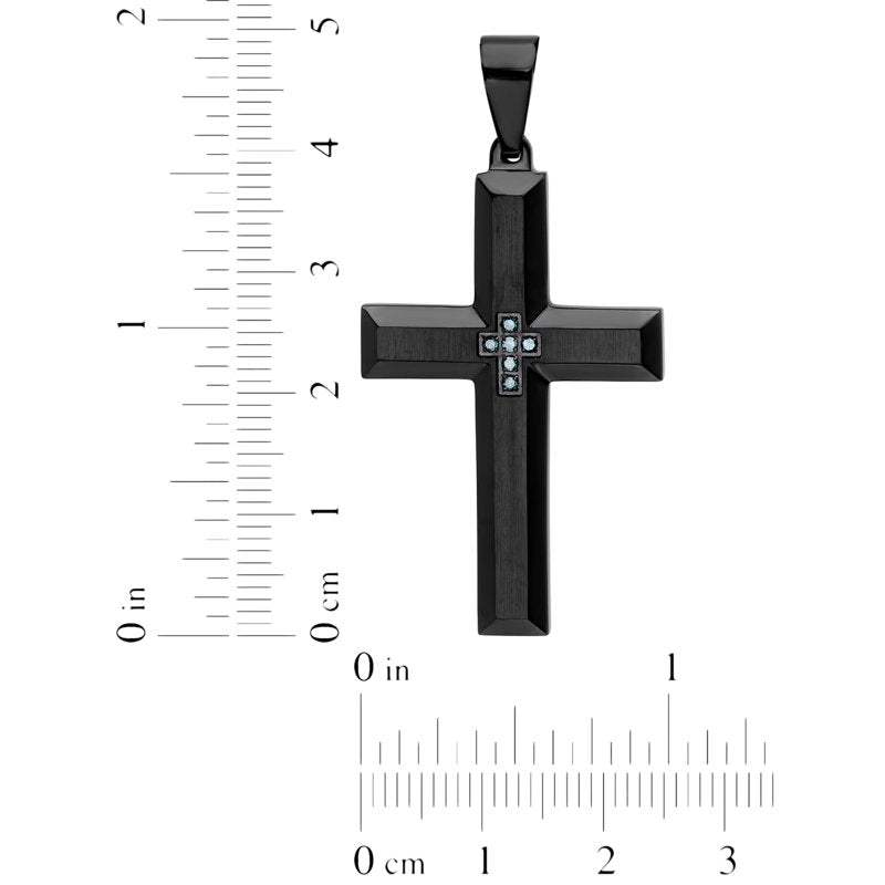 Men's Black Stainless Steel Cross Pendant Necklace with Blue Diamond Accents