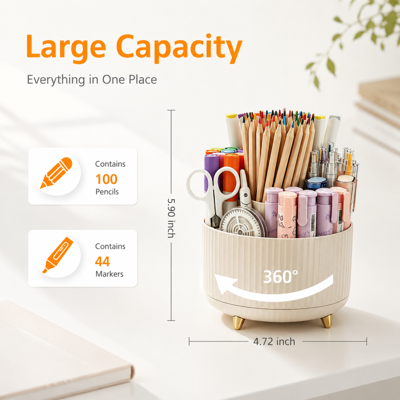 Rotating Desk Organizer with Multi-Compartment Pen Holder - 360° Spin for Office, Kitchen, Crafts, Makeup