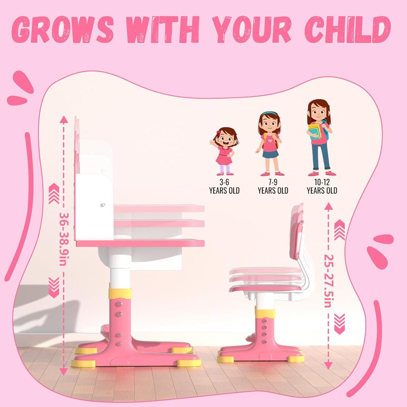 Kids Adjustable Height Study Desk and Chair Set with Tilt Top and Storage