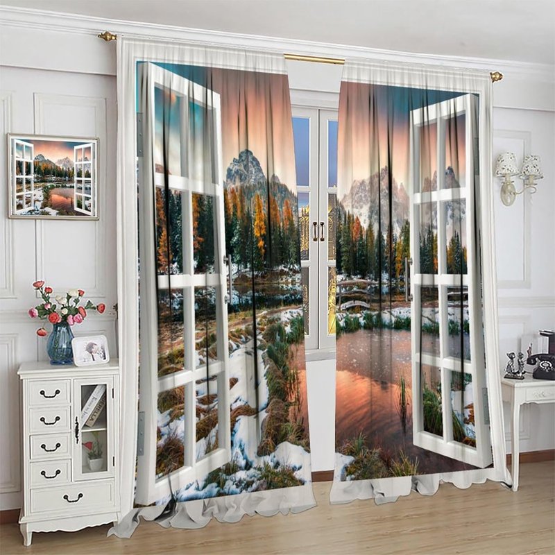 Autumn Landscape Blackout Curtains for Living Room - Fall Mountain Forest Lake Design