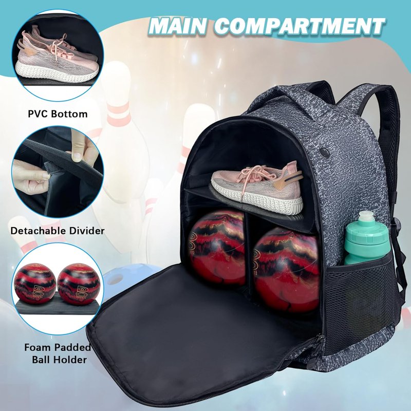 WOLT 2-Ball Bowling Backpack with Protective Foam & Shoe Compartment - HealthyGrey