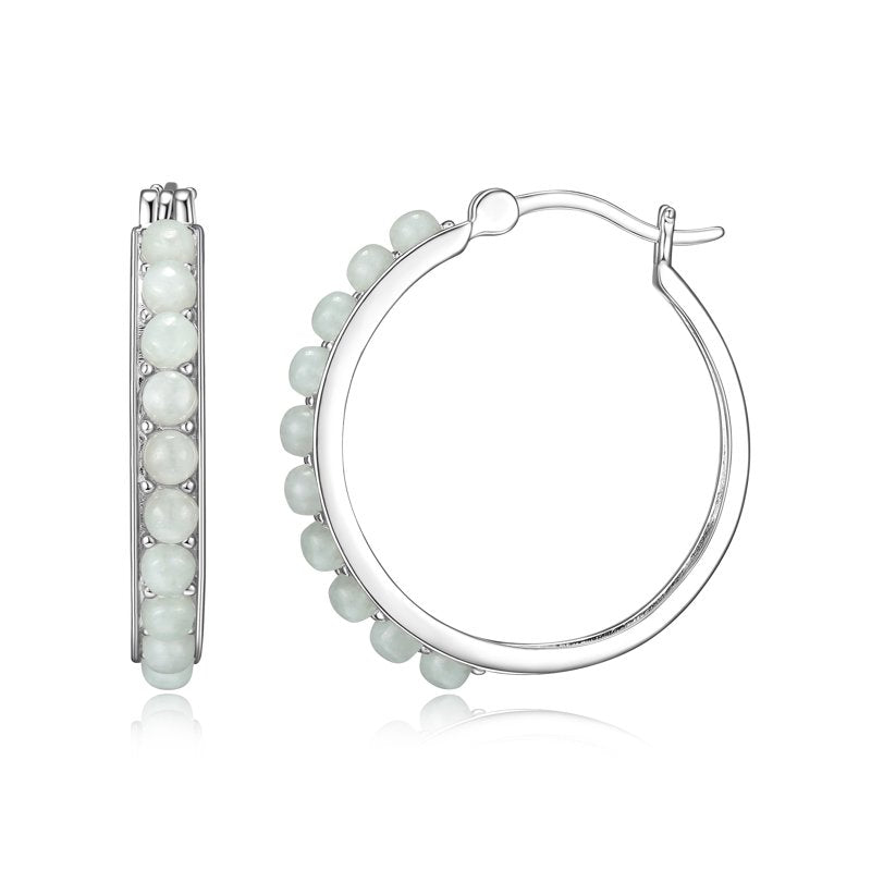 Women's Platinum Over Silver Hoop Earrings with Green Jade 3x2mm