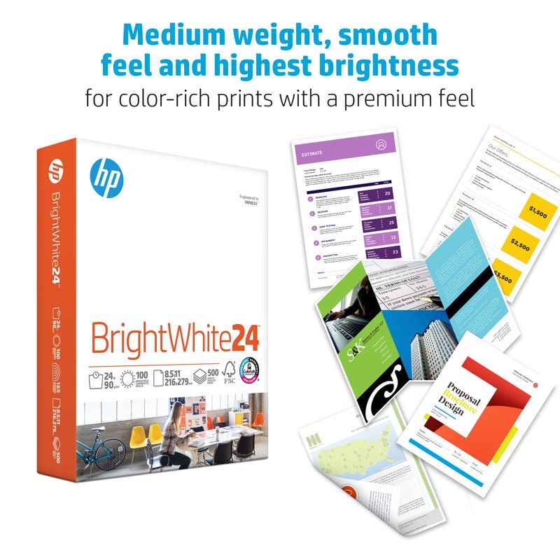 HP BrightWhite 24lb Printer Paper - 8.5x11 Letter Size, 500 Sheets