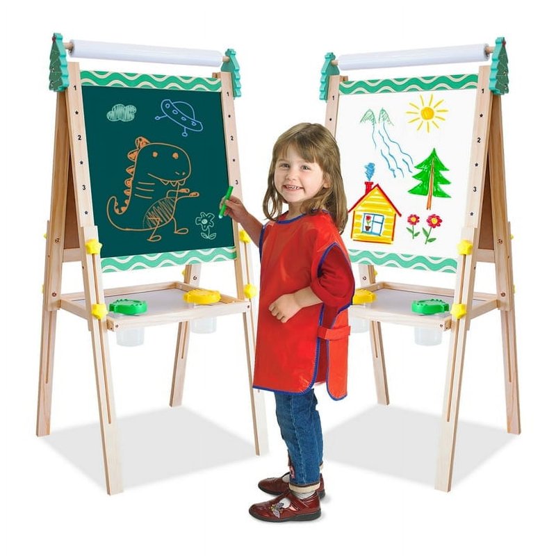 Kids Wooden Art Easel with Paper Roll Double-Sided Adjustable Stand & Accessories