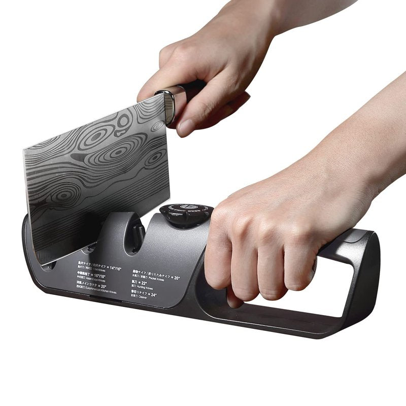 Mitsumoto Sakari Knife Sharpener with Adjustable 14°-24° Angle, 3-Slot Japanese Sharpening System - 27.2cm x 7.5cm x 5.3cm, Black