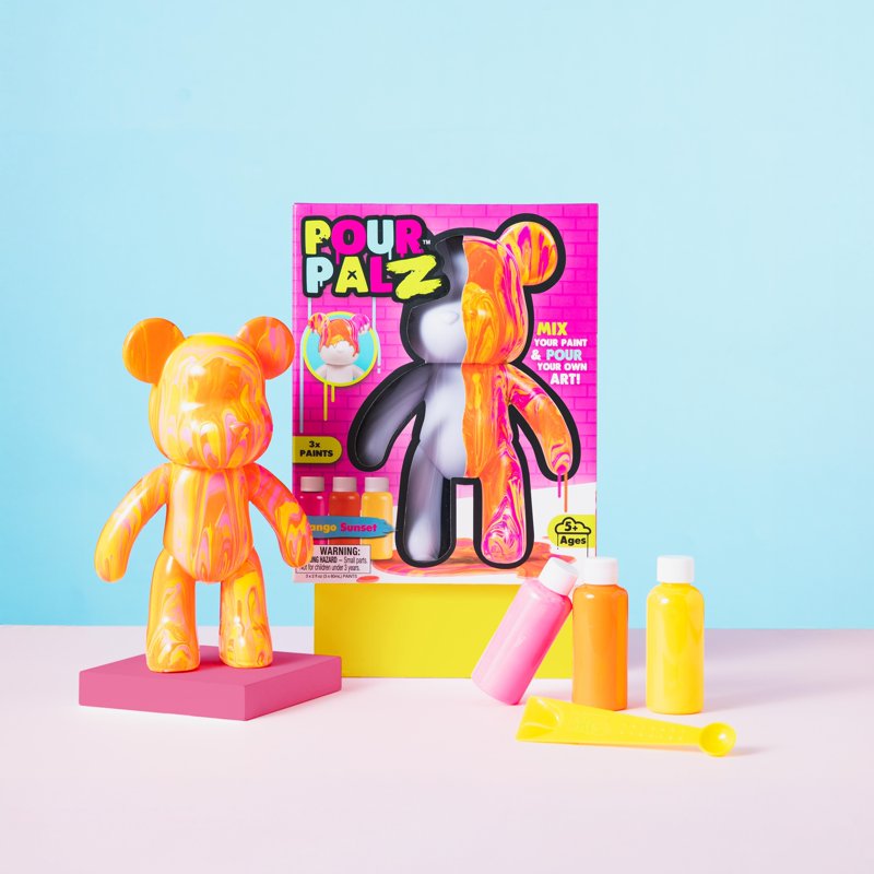 DIY Paint Pour Craft Kit for Kids and Adults - 9-Inch Posable Bear, Mango Sunset