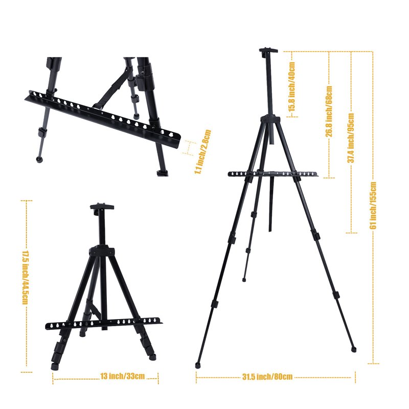 Adjustable Aluminum Painting Easel with Floor & Tabletop Height 17-61in, Poster & Sign Stand, 25lb Capacity