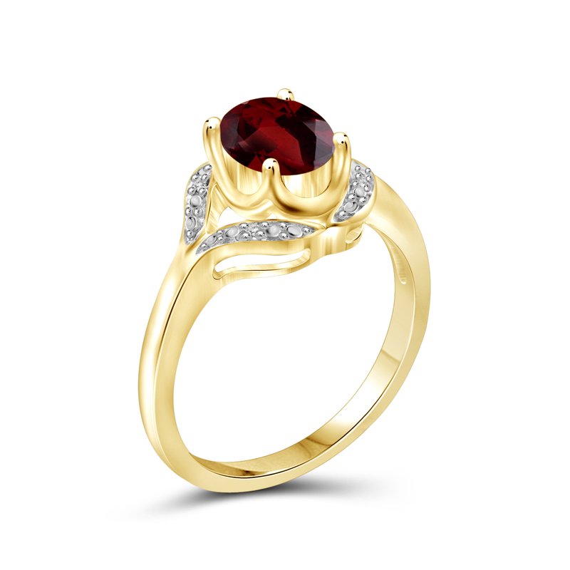 Garnet Birthstone Ring 1.50 Carat Oval Gemstone with White Diamond Accents - 14K Gold Plated Silver, Hypoallergenic, Size 8
