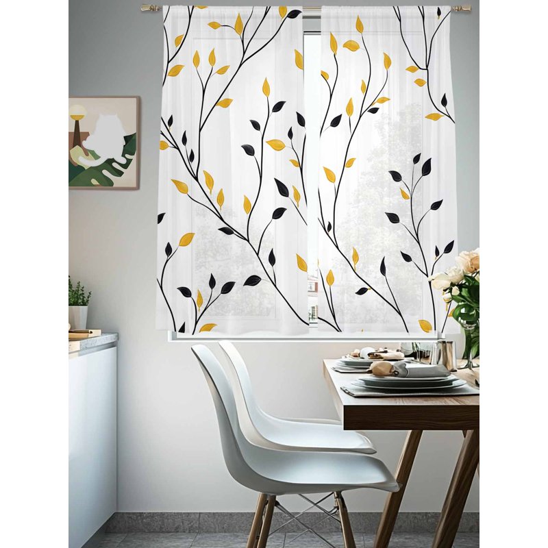 Yellow Black Leaves Sheer Curtains Set - 2 Panels, Multiple Sizes, Rustic Botanical Design