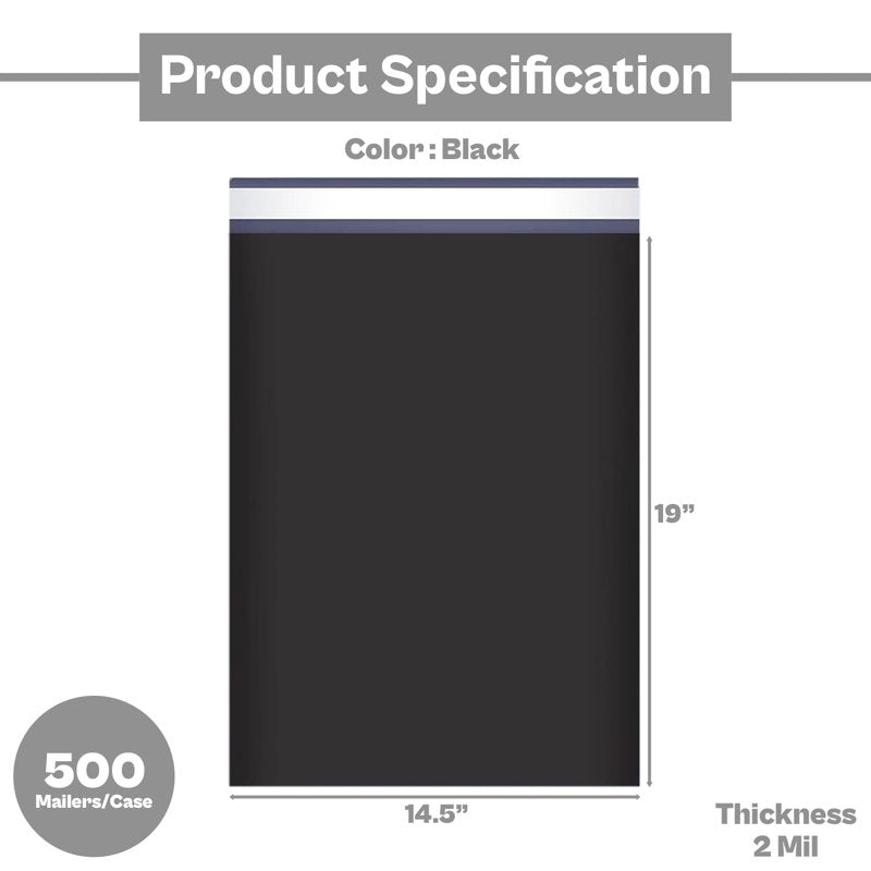 Black Poly Mailers 14.5x19 Inch Shipping Envelopes Pack of 500