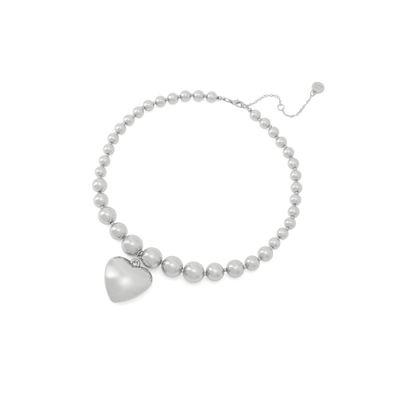 Women's Puffy Heart Pendant Necklace with Rhodium Finish - Adjustable Chain