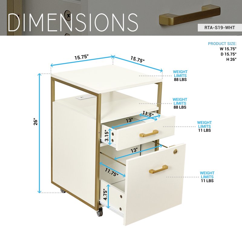 Modern White & Gold Rolling 2-Drawer File Cabinet with Locking Wheels & USB Charging Ports