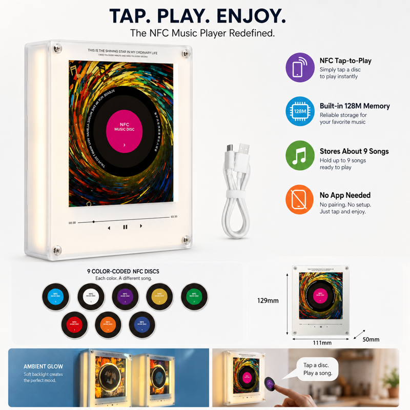 Magnetic NFC Music Player for Refrigerator - Custom Song Storage with LED Light
