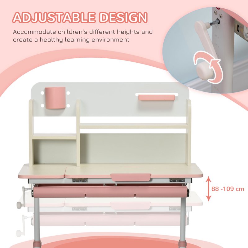 Height Adjustable Kids Desk with Storage & Tilt-Top Surface - Pink