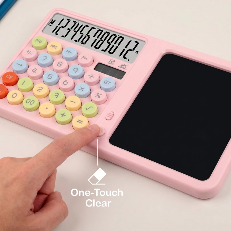 Pink Dual Power Silent Calculator with Writing Pad and Stylus - Office & School Desk Tool