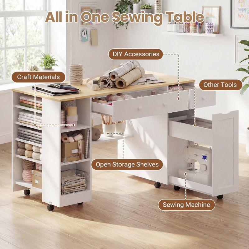 Rolling Sewing Craft Table with Storage Drawer & Lockable Wheels