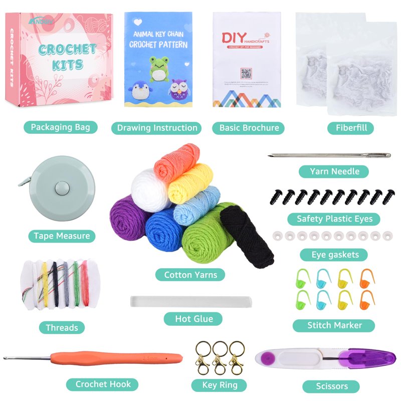 Beginner Crochet Kit with Yarn Hooks & Tutorials for Amigurumi Animals