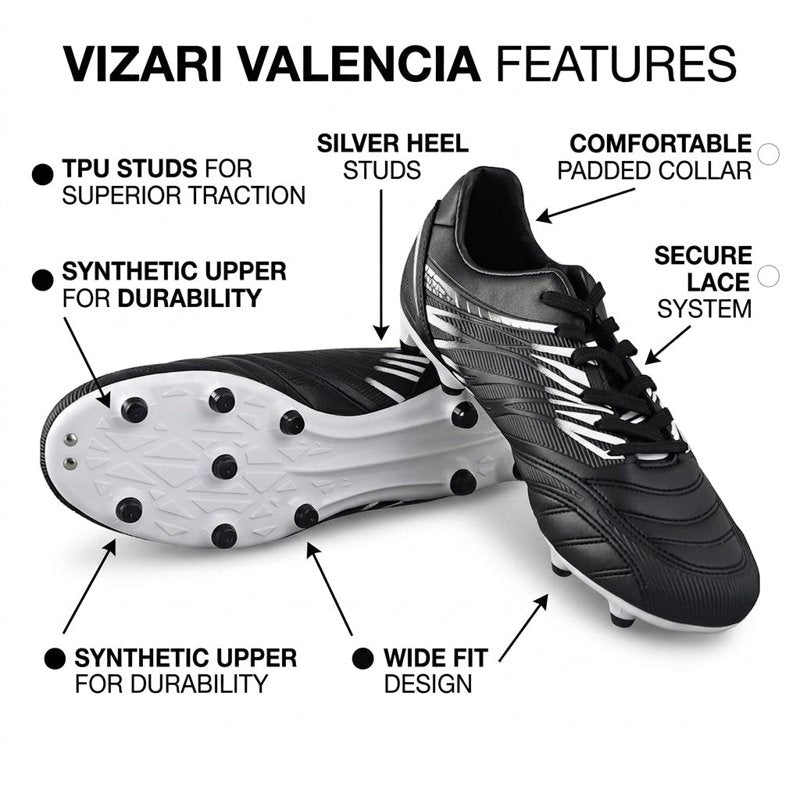 Vizari Valencia FG Soccer Cleats 6.5 Wide Fit Black/White