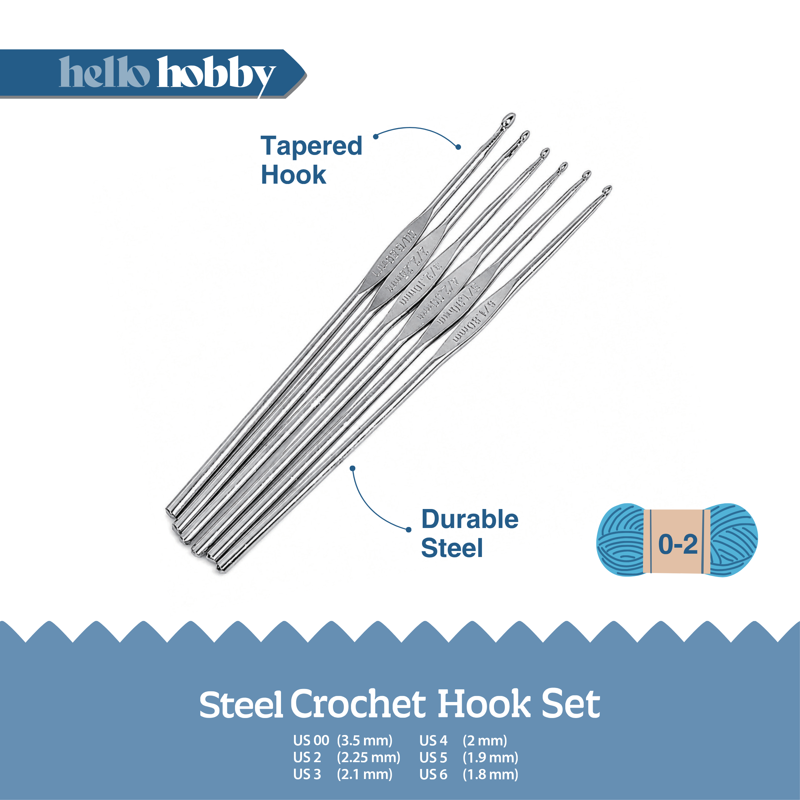 Steel Crochet Hook Set 6-Piece, Sizes 00 to 6 for Fine Crochet Work