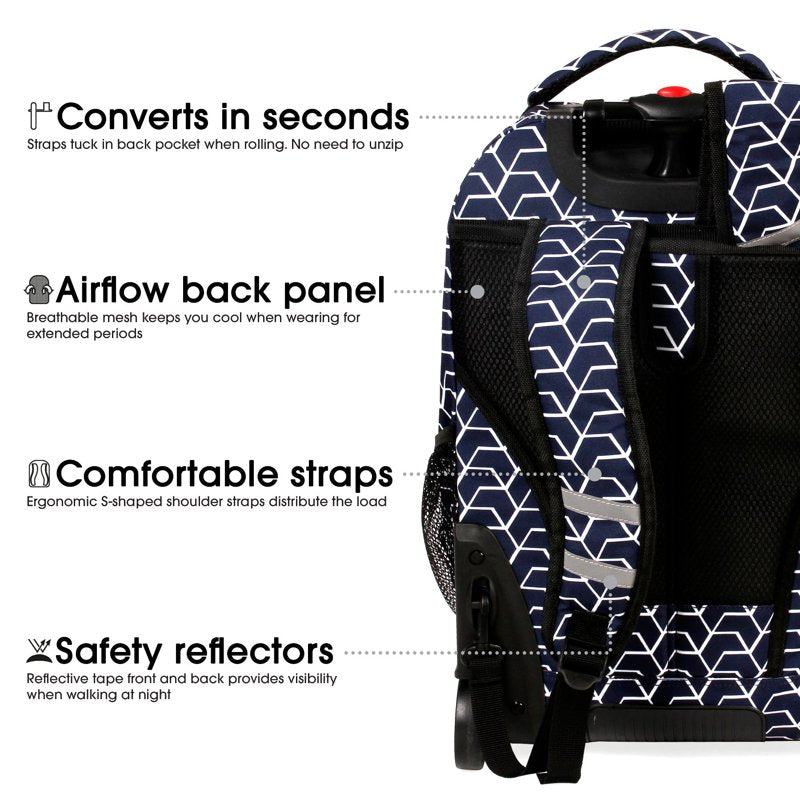 20-Inch Rolling Laptop Backpack with Wheels and Spacious Organizer
