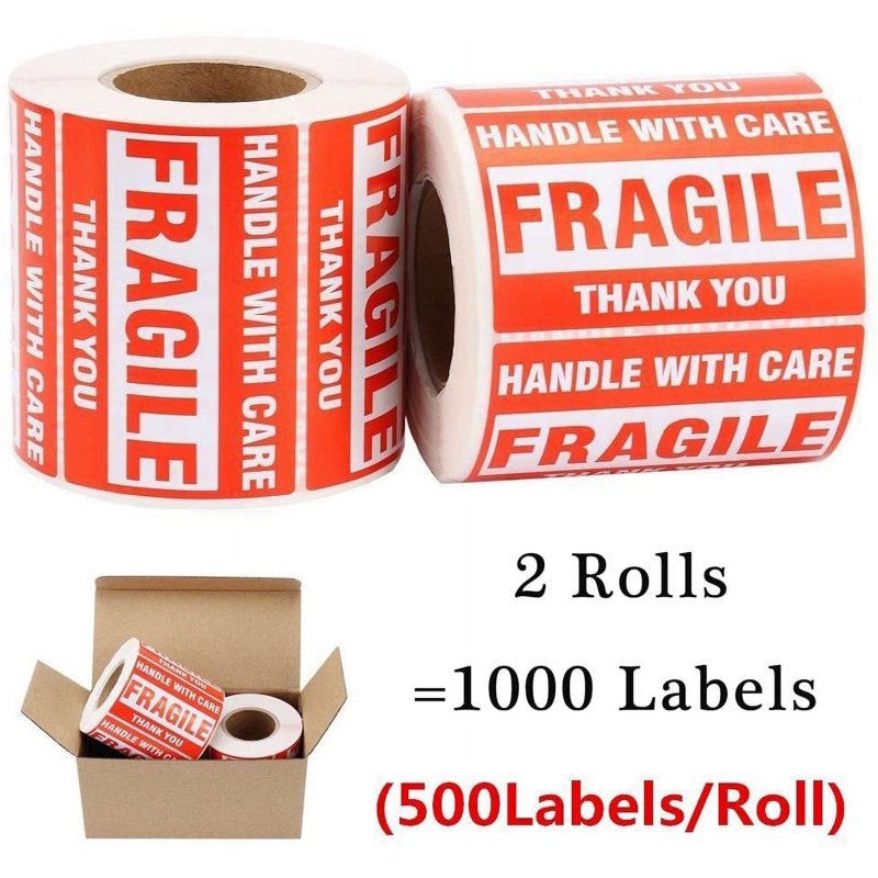 Fragile Shipping Labels 2 Rolls - Handle with Care Warning Stickers, 1000 Labels