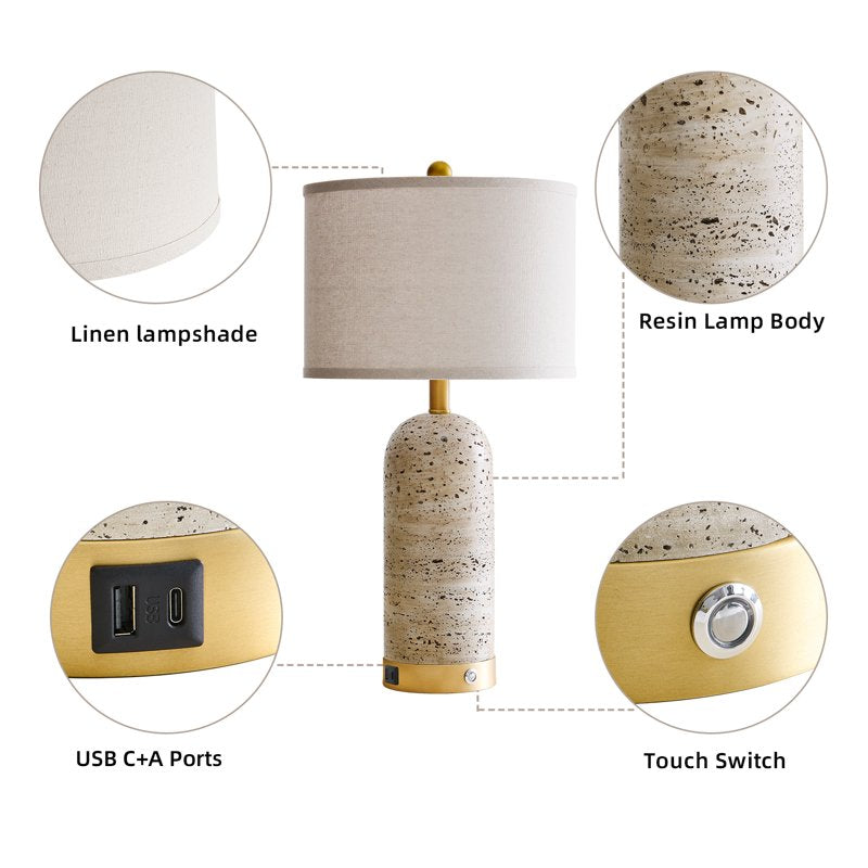 Modern Resin Table Lamps Set of 2 with USB Charging Ports & Touch Dimming