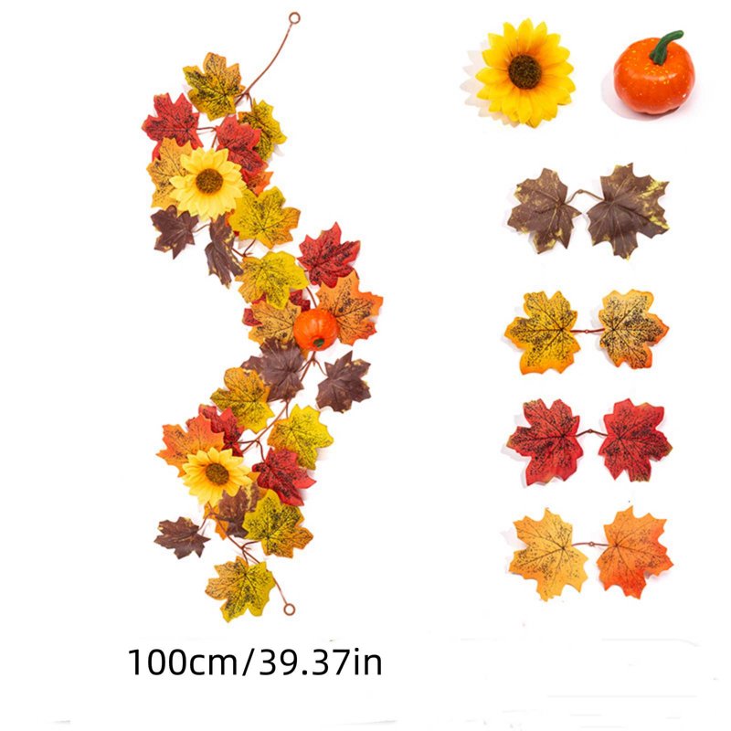 Autumn Garland with Maple Leaves, Pumpkins & Sunflowers for Thanksgiving Decor - 39 Inches Long