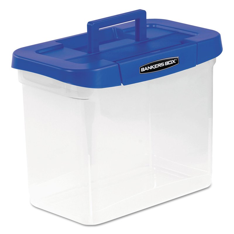 Heavy Duty Plastic File Storage Box with Handle and Lid - 14.25 x 8.5 x 11 inches, Clear/Blue
