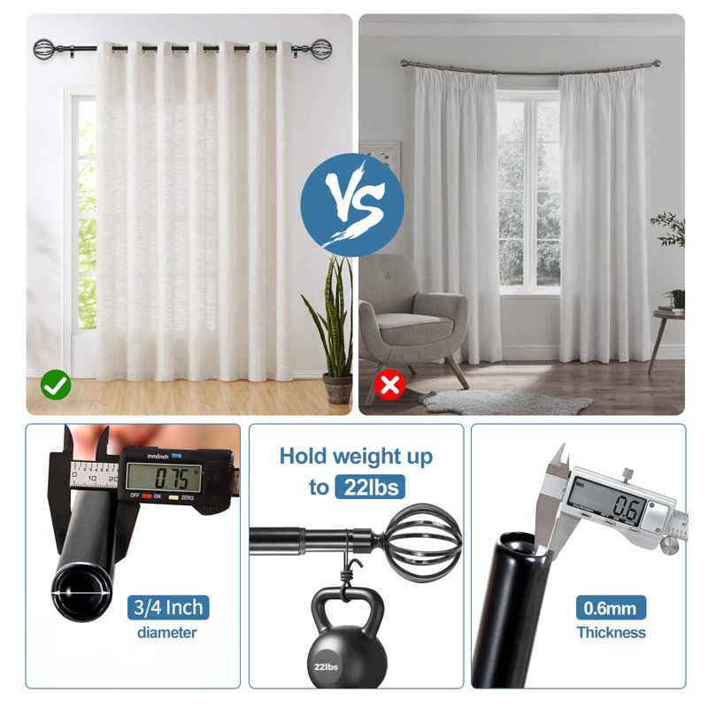 Heavy-Duty Steel Cage Curtain Rod with Finials - Supports Light & Heavy Drapes