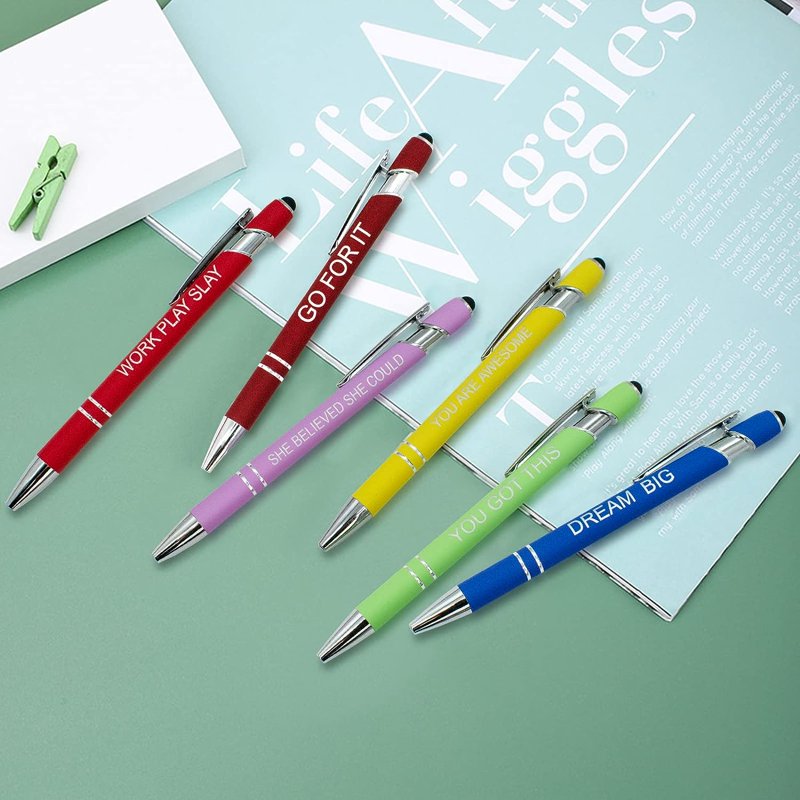 Retractable Ballpoint Pens with Inspirational Quotes & Stylus Tip - Bulk Pack of 10 or 20