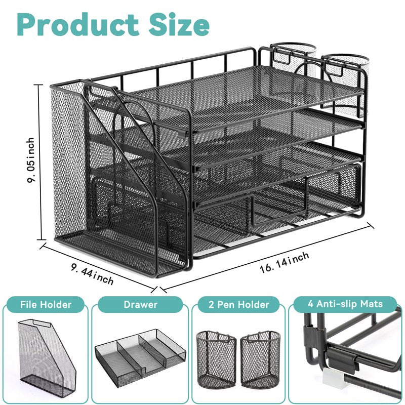 4-Tier Desktop File Organizer with Drawer and Pen Holders - Office Desk Accessories