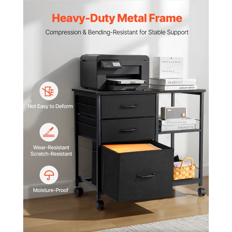 Metal File Cabinet with 3 Fabric Drawers and Open Shelves - Mobile Office Storage