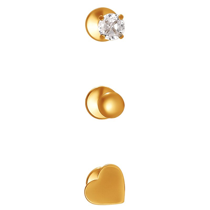 Gold-Tone Heart Cartilage & Earring Stud Set - Hypoallergenic 3-Piece