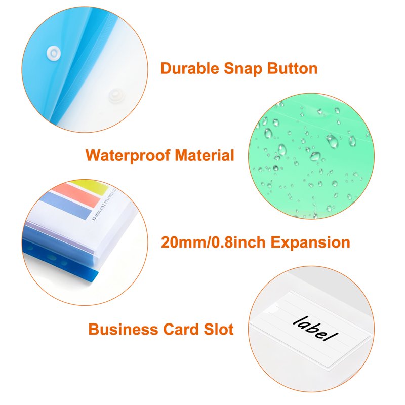 12 Pack Plastic Binder Folders with Snap Button & Label Pockets - Waterproof A4 Document Holders for Office & School