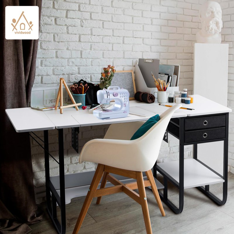 Foldable Sewing Machine Table with Storage Shelf and Adjustable Platform