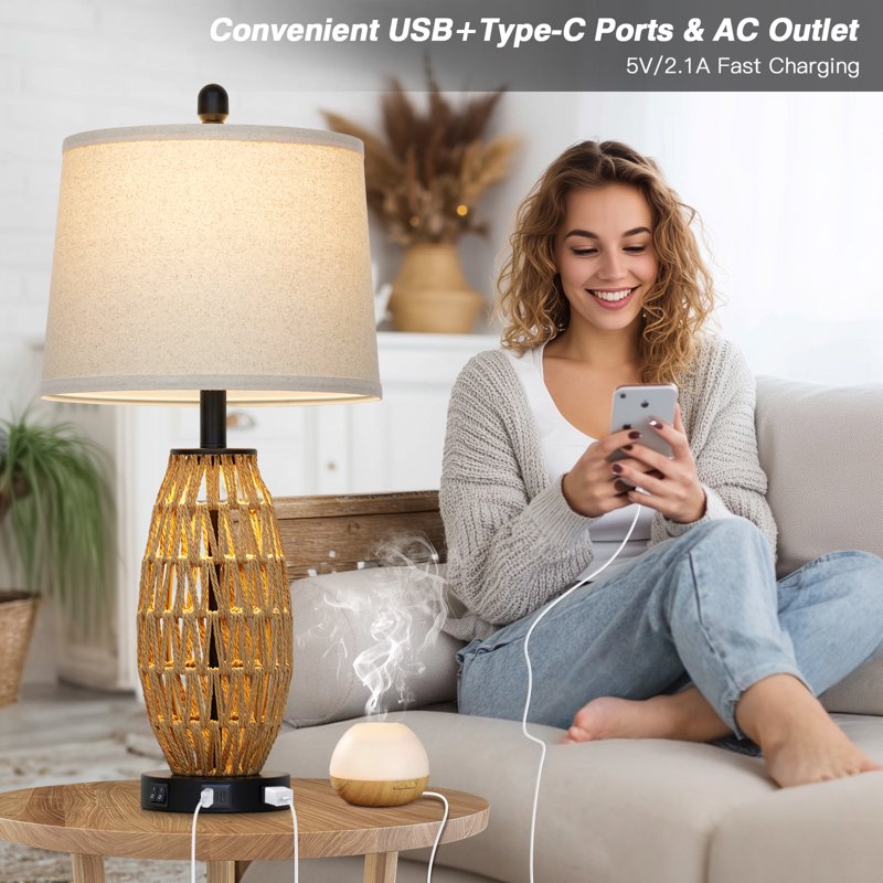 Set of 2 27-Inch Rattan Table Lamps with Night Light & USB Charging