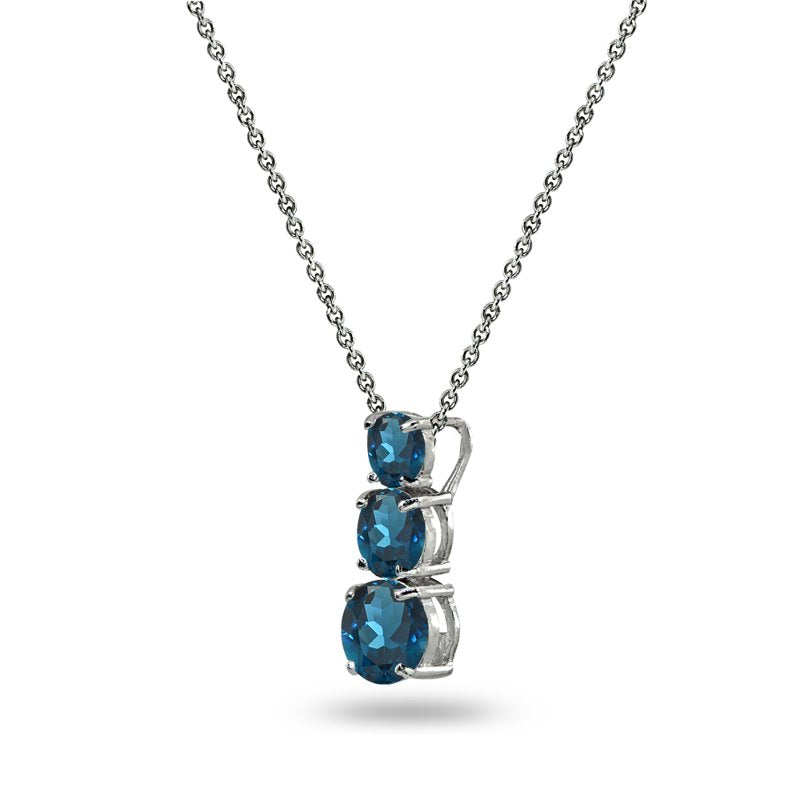 London Blue Topaz Three-Stone Pendant Necklace Sterling Silver Jewelry for Women & Teens