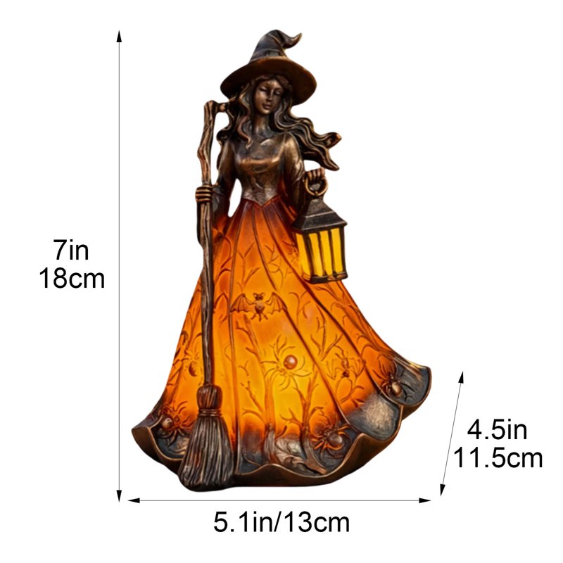 Halloween Witch Figurine Lamp with Broom, Resin Night Light - USB Powered Tabletop Decor (Variation E)