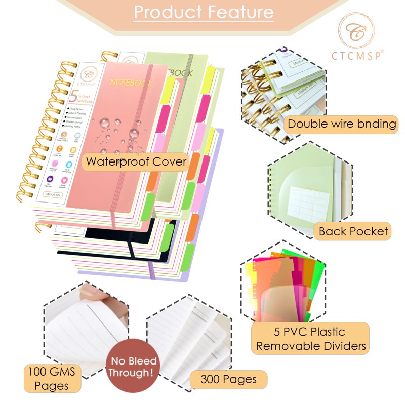 Multi-Subject Spiral Notebook with Removable Dividers - A5 300 Pages