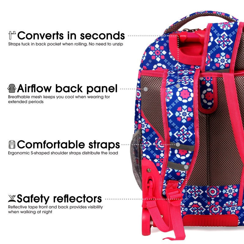Girls & Women's 20-Inch Rolling Backpack with Laptop Sleeve for School Travel
