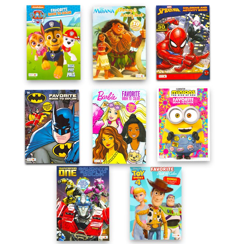 Kids Coloring Book Set with Crayons & Stickers - 24 Assorted Franchises