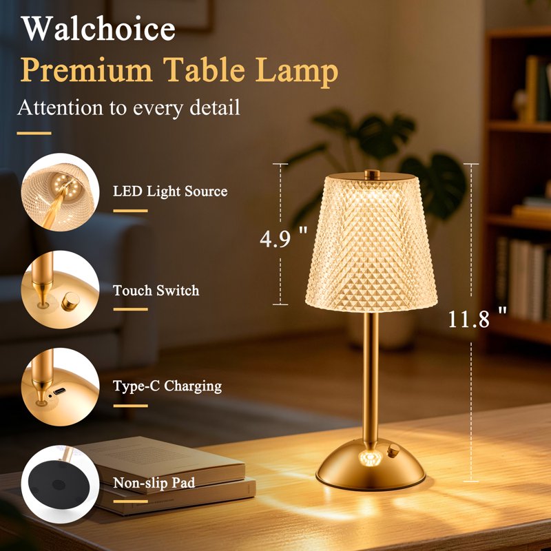 Rechargeable Cordless Crystal Table Lamp with Touch Control and 3 Color Modes