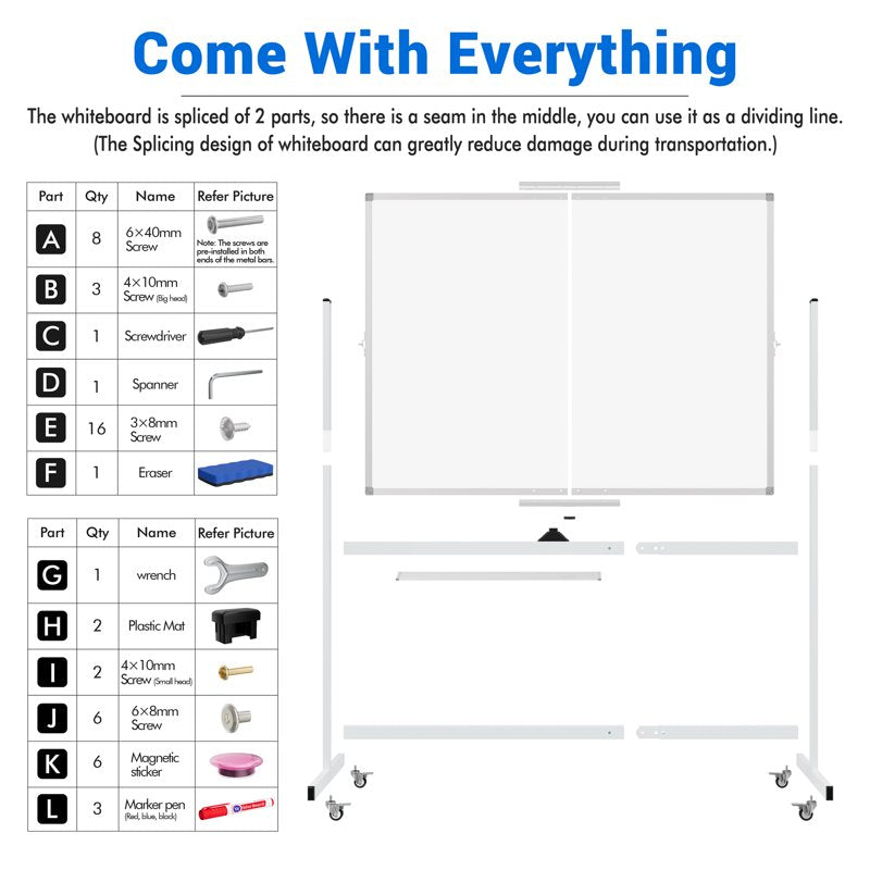 48x36 Inch Mobile Magnetic Whiteboard on Wheels - Double-Sided Dry Erase Board
