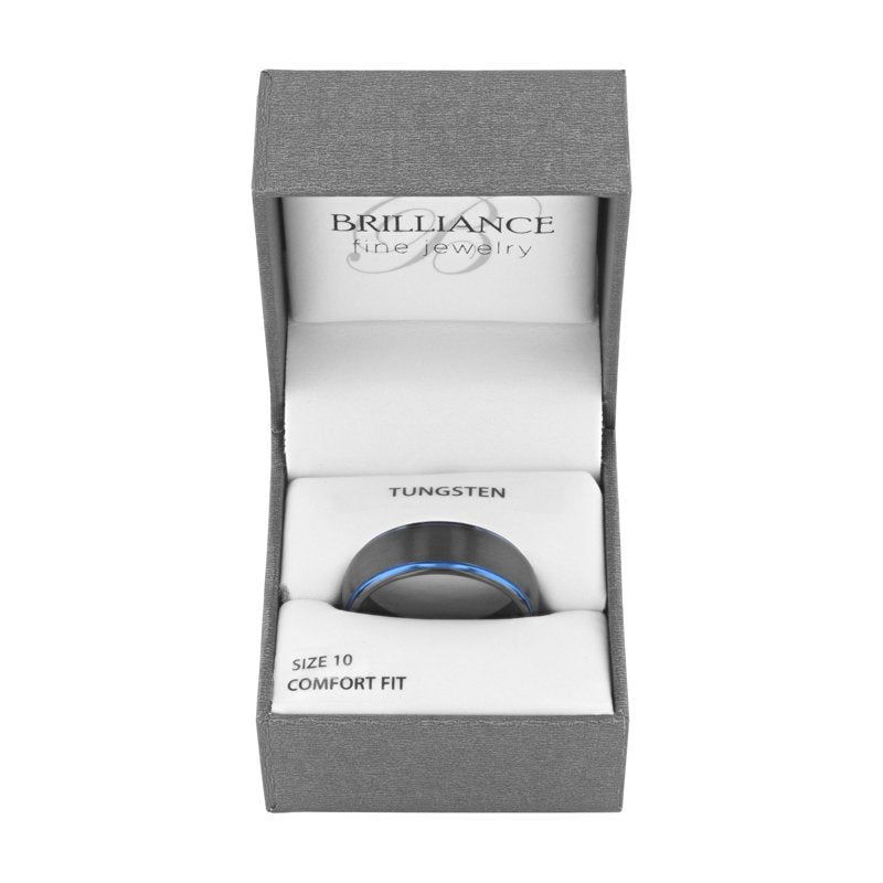 Men's Tungsten Wedding Band 8mm Satin Finish Black & Blue Step Edge