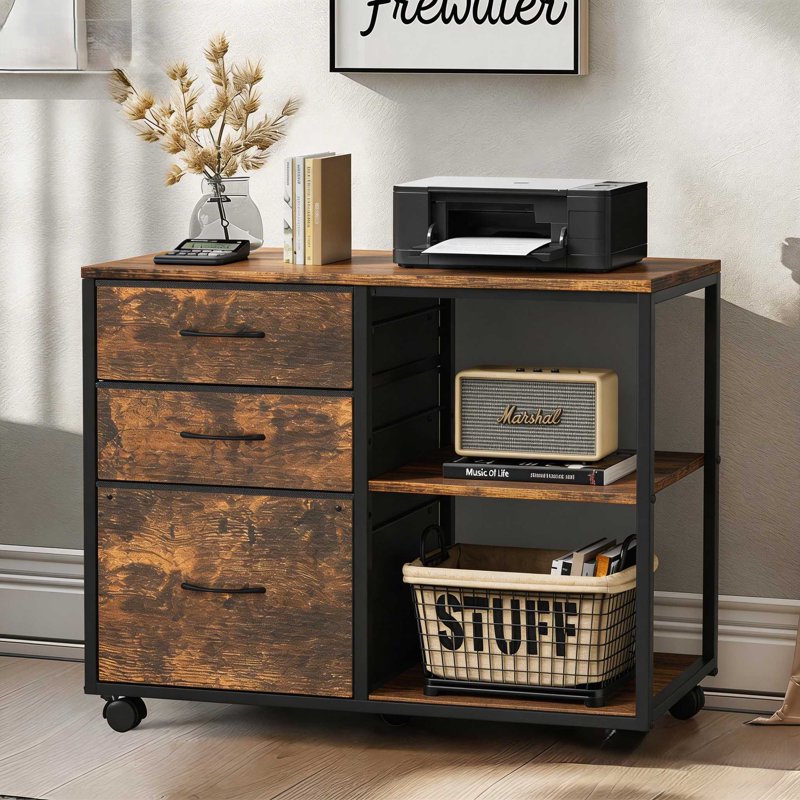 Mobile Under-Desk Filing Cabinet with Shelves & Lockable Drawers
